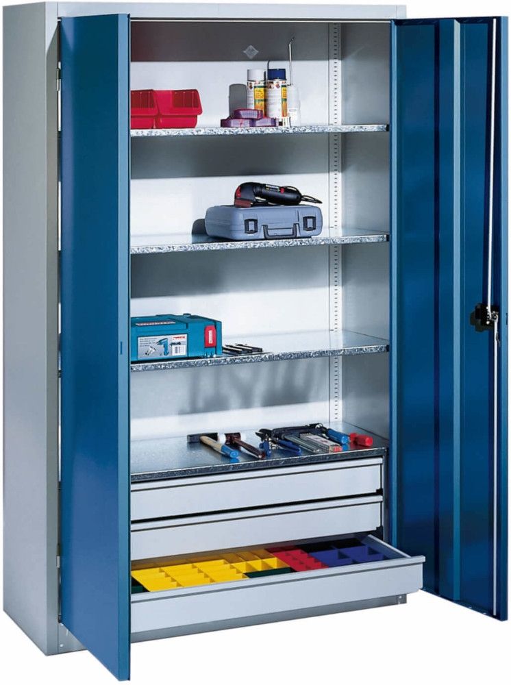 Premium Vorratsschrank von C+P | Materialschrank mit 3 Schubladen | 195x120x50 cm (HxBxT)